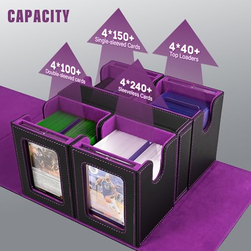Kabinka Card Deck Box for MTG Commander, Holds 400+ Double-Sleeved Cards, 5 IN 1 Detachable Card Case with Dice Tray, Fits Magic/TCG Cards, 4 Magnetic Card Holders & Dividers (Black Purple) - color: A1-Black Purple