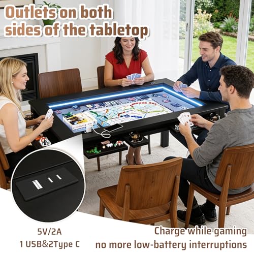 Board Game Table with Adjustable Led Lights Gaming Table with Removable Top | 53.7in x 30.7in Play Area Dining/Gaming Table with Charge Station, Play Mat, 6 Cup Holders & Trays (Black)