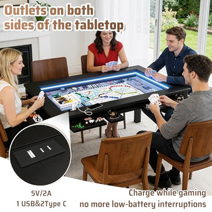 Board Game Table with Adjustable Led Lights Gaming Table with Removable Top | 53.7in x 30.7in Play Area Dining/Gaming Table with Charge Station, Play Mat, 6 Cup Holders & Trays (Black)
