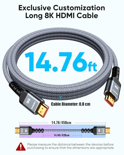 Highwings 8K@60 Long HDMI Cable 15FT, 48Gbps 2.1 High Speed Gaming HDMI Cord 4K120 144Hz RTX 3090 eARC HDCP 2.2&2.3 Compatible for PS5, SoundBar, AVR, UHD TV - size: 15 feet