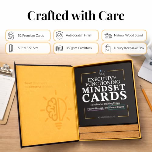Executive Functioning Mindset Cards – 52 Daily Habit Cards for Focus, Organization & Follow Through – for Kids, Teens & Adults – Includes Wooden Display Stand – Gift for Teachers & Parents - style: Executive Functioning