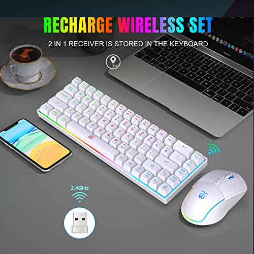 Snpurdiri 60% Wireless Gaming Keyboard and Mouse Combo,LED Backlit Rechargeable 2000mAh Battery,Mini Mechanical Feel Anti-ghosting Keyboard +Popular RGB Gaming Mice for PC Gamer (White) - color: White Combo
