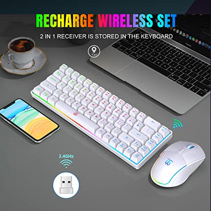 Snpurdiri 60% Wireless Gaming Keyboard and Mouse Combo,LED Backlit Rechargeable 2000mAh Battery,Mini Mechanical Feel Anti-ghosting Keyboard +Popular RGB Gaming Mice for PC Gamer (White) - color: White Combo