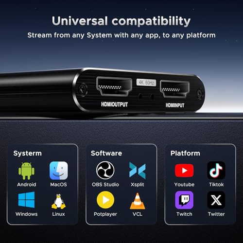 XIIXMASK USB 3.0 Video Capture Card, 1080P 60FPS Capture with HDMI Loop-Out | Capture card for PS5, Switch, PC & cameras. Features zero-delay loop-out for smooth recording & streaming.