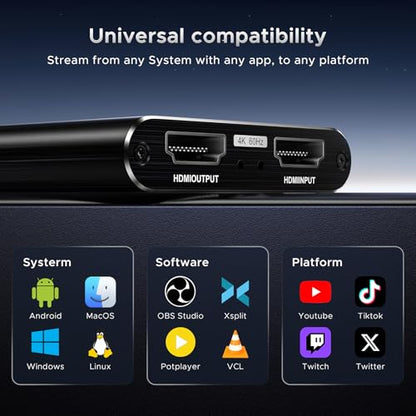 XIIXMASK USB 3.0 Video Capture Card, 1080P 60FPS Capture with HDMI Loop-Out | Capture card for PS5, Switch, PC & cameras. Features zero-delay loop-out for smooth recording & streaming.