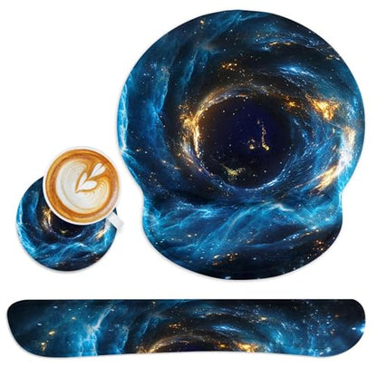 Ergonomic Mouse Pad Set with Wrist Rest, Galaxy Space | Blue Black Non-Slip Rubber Base Wrist Cushion Support and Coasters Mousepad with Wrist Support for Computer Keyboard - color: Blue Black Galaxy