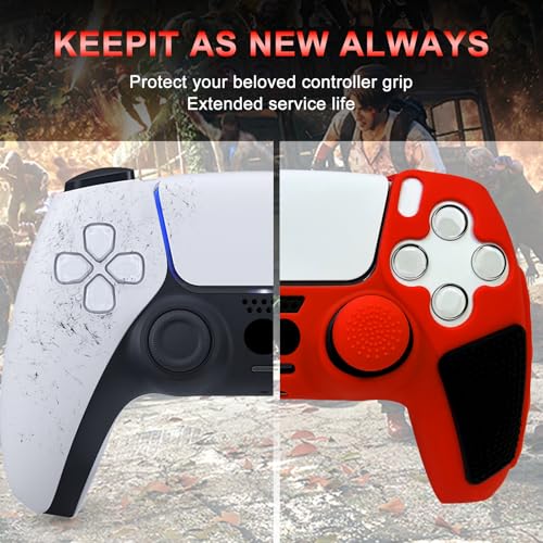 Anti-Slip Red PS5 Controller Skin,Soft Thicken Studded Protective Silicone Cover Skin Grips Compatible with PS5/Slim/Pro Controller and 8 PCS Thumb Grips Caps. - color: Red&Black