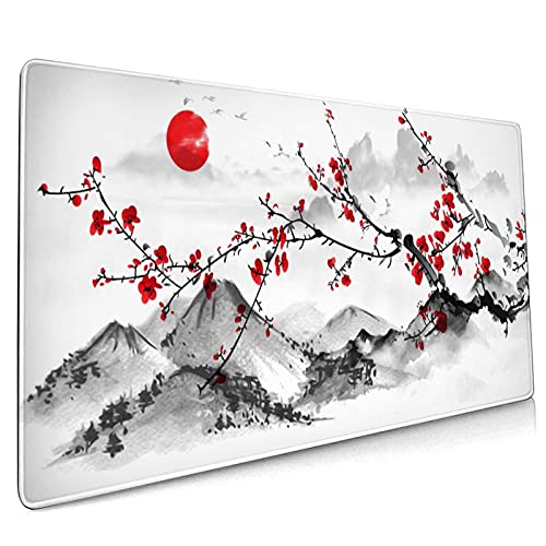 Extended Large Gaming Mouse Pad 35.4 X 15.7 Inch XXL Full Desk Japanese Art Style Cherry Blossom & Sakura Mousepad Non-Slip Rubber Base Big Keyboard Mat with Stitched Edges for Home Office - color: Pink, size: X-Large-XX-Large