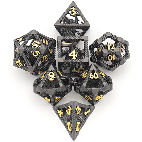DND Dice Set,3D Hollow Dragon Metal 7-Die,Black | copper construction,68g balanced weight,engraved numbers,gift box and velvet bag for DND RPG play - color: 3d-black