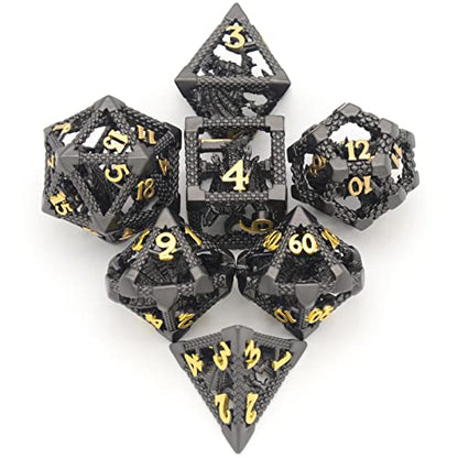 DND Dice Set,3D Hollow Dragon Metal 7-Die,Black | copper construction,68g balanced weight,engraved numbers,gift box and velvet bag for DND RPG play - color: 3d-black