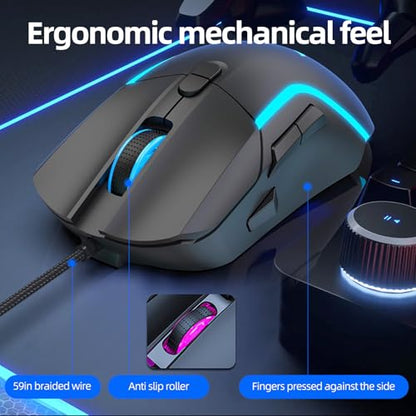 Wired Gaming Mouse, 8 Programmable Buttons with Rapid Fire Key, Adjustable DPI, RGB Backlit, On-Board Memory, Ergonomic Optical Mouse for PC Windows Mac