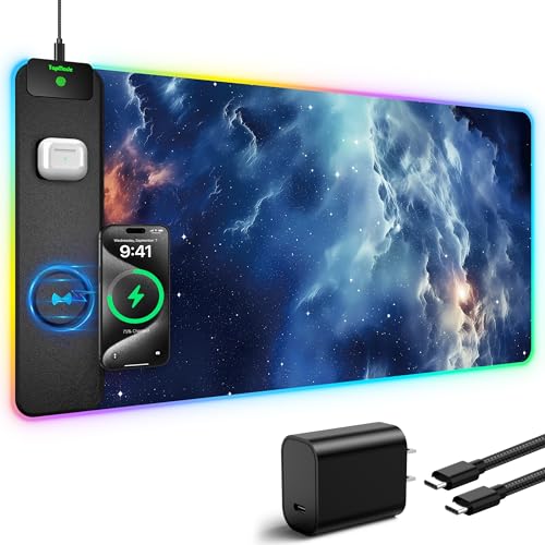 Wireless Charging Mouse Pad, RGB Gaming Mousepad Home Office Desk Pad, 31.5” x 15.8” XXL Large Desk Mat, Waterproof Keyboard Pad, Blue Nebula(Includes 20W PD Power Adapter & 6.56ft Woven Cable) - color: Upgraded Rgb - Blue Nebula With Adapter