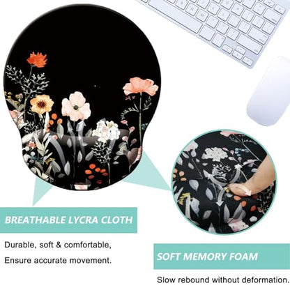 Mouse Pad with Wrist Support, Ergonomic Mouse Pad with Memory Foam Wrist Rest Cushion, Non-Slip Rubber Base Gaming Mice Pad for Home Office Computer Laptop, Flower Black - color: U-flower black