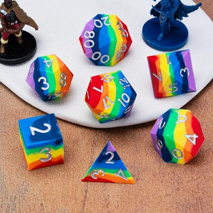 Sharp Edge Silicone Rubber Poly DND Dice Set D&D Polyhedral Dice 7pcs (D4, D6, D8, D10, D12, D20, D%) for Dungeons and Dragons, RPG, MTG for Ages 15 and Up - color: Rainbow 1