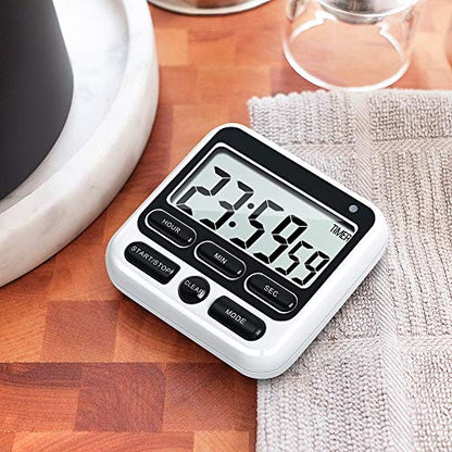 4-in-1 Digital Timer with Count Up/Down, Clock & Alarm, Ring & Silent Modes | Large 2.8-Inch easy-read LCD, On/Off switch, 24-Hour count up/down, Fast-forward function, Magnetic back, stand, hanging hole - color: Black