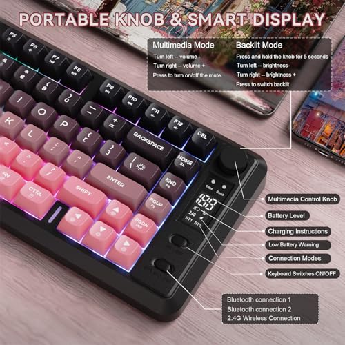 ZIYOU LANG M75 Wireless Gaming Keyboard, RGB Backlit Rechargeable 2000mAh Battery, Small Membrane But Mechanical Feel Keyboard with Smart Display & Knob, PBT Gradient keycaps for PC, MAC-BlackBerry - color: Blackberry