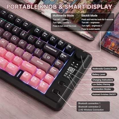 ZIYOU LANG M75 Wireless Gaming Keyboard, RGB Backlit Rechargeable 2000mAh Battery, Small Membrane But Mechanical Feel Keyboard with Smart Display & Knob, PBT Gradient keycaps for PC, MAC-BlackBerry - color: Blackberry
