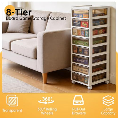 Board Game Storage Cabinet - Plastic Clear Storage Containers, 8-Tier Large Capacity, with Individual Pull-Out Drawers, Lockable Wheels Casters, Ideal for Card Game Boxes and Standard-Size Board Games
