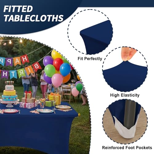 Fixwal Navy Blue Stretch Table Cloth Rectangle 2 Pack 6Ft, Spandex Fitted Table Covers Washable for Party, Trade Show, Banquet, Wedding, Buffet - color: Navy Blue, size: 6 Ft