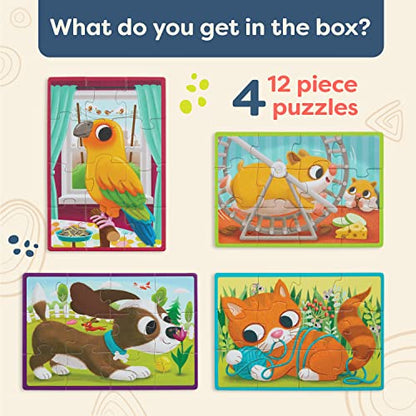 B. toys Wooden Puzzle Set, 4 Animal Puzzles with Wooden Box, Pets | Pack o' Puzzles - Pets includes 4 wooden 12-piece puzzles with cat, dog, bird, and hamster; color-coded backs; 3+ Years - style: Pets