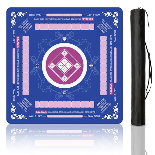 Mahjong Mat 31.5x31.5 Inch,Non-Slip and Silent Travel Mahjong Set for Mahjong, Equipped with a Portable Carrying Bag, Rubber Mahjong Mat for Poker, Cards and Board Games (Blue) - color: Blue