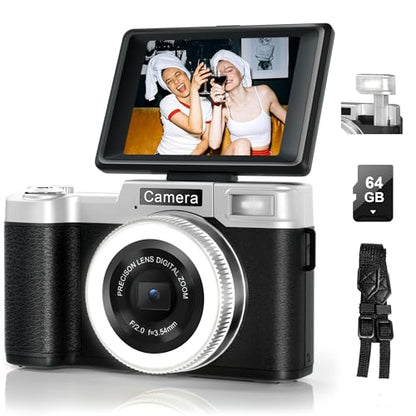 Yatao Digital Cameras for Photography and Vlogging, 4K 64MP Flip Screen, Use with LED Light, 64GB TF Card, Compact Photo WiFi Camera for YouTube Kit Travel, Beginners (Silver-Black)
