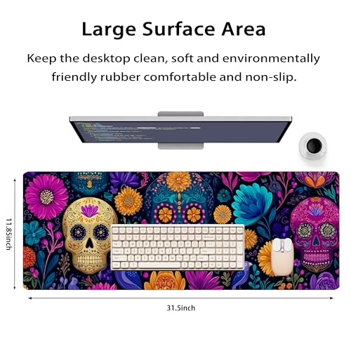31.5”x11.8”Large Gaming Mouse Pad for Desk, Mouse Mat with Seamed Edges, Waterproof Desk Pad, Non-Slip Rubber Base, Keyboard Pad Computer Mat, Big XL Mousepad-Skull Flower - color: Skull Flower