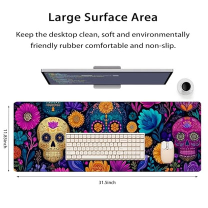 31.5”x11.8”Large Gaming Mouse Pad for Desk, Mouse Mat with Seamed Edges, Waterproof Desk Pad, Non-Slip Rubber Base, Keyboard Pad Computer Mat, Big XL Mousepad-Skull Flower - color: Skull Flower