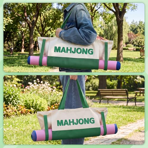 Abbylike 28x9 Inches Mahjong Bag for Rolled Mat Tiles Racks Pushers Accessories Empty Mahjong Tote Bag with Zipper Closure Outer Pockets Lining Large Capacity(Beige&Green,Canvas) - color: Beige&green