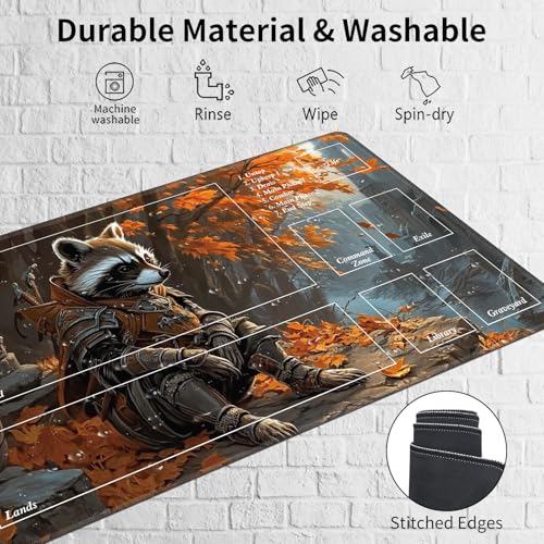 MTG Playmat with Magic Zone 27.5 x 15.7in Includes Storage Bag,TCG Playmat with Soft Surface Premium Non-Slip Rubber Backing Stitched Edges Durable Gaming Mat,Raccoon Knight - color: Raccoon Knight, size: 27.5"×15.7"With Zones