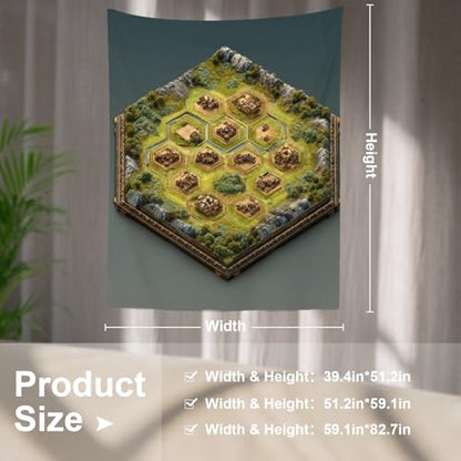 Batmerry Hex Grid Battlefield Miniature Terrain Tapestry, Isometric Game Map With Villages Wall Art Hanging Polyester Fiber White Ruffled Around for Dorm Room Bedroom Living Room, 59.1x39.4 inches