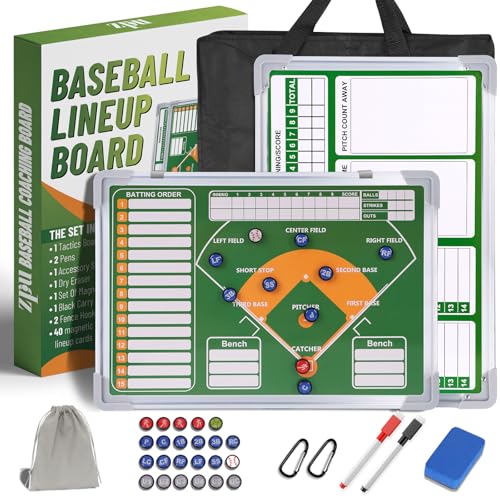 ZPU Magnetic Baseball Lineup Board for Dugout, Baseball/Softball Clipboard for Coaches, Baseball Coaching Board with Dry Erase, Marker pens, Magnets & Storage Bag - color: Baseball-green