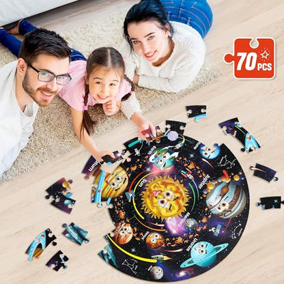 SYNARRY Solar System Floor Puzzles for Kids Ages 4-8, Large 70 Piece Jigsaw Puzzles for Kids Ages 4-6, Space Planet Astronaut Toys Puzzles, Preschool Learning Toys, Easter Basket Stuffers for Boy Girl - style: Solar System