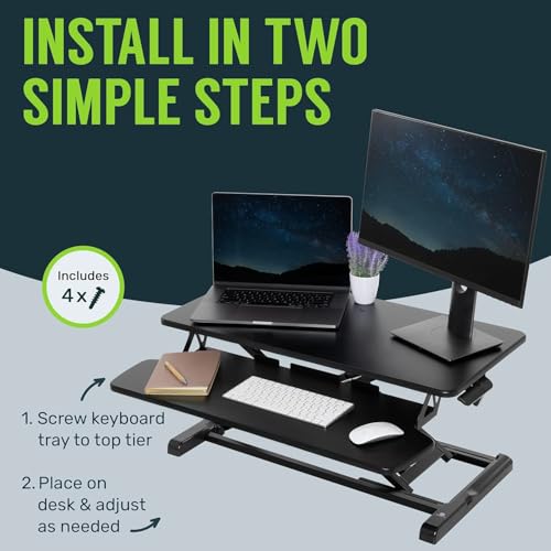 TechOrbits Standing Desk Converter - 42 Inch Adjustable Sit to Stand Up Desk Workstation, MDF Wood, Ergonomic Desk Riser with Keyboard Tray, Desktop Riser for Home Office Computer Laptop, Black 42" - size: 42" MDF Wood