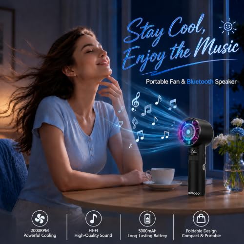 Portable Handheld Turbo Fan - Bluetooth Music Fan with LED Display 100-Speed 3000mAh Rechargeable RGB Lighting - Foldable Design 4in1 personal fan for Festivals Concerts Sports Travel & Gifts - color: Black