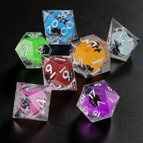 Liquid Core DND Dice Set, 7 Pcs Resin Sharp Edge Polyhedral Dice Quicksand Cat D&D Dice for Dungeons and Dragons RPG Role Playing Table Games