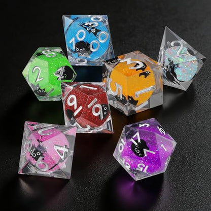 Liquid Core DND Dice Set, 7 Pcs Resin Sharp Edge Polyhedral Dice Quicksand Cat D&D Dice for Dungeons and Dragons RPG Role Playing Table Games