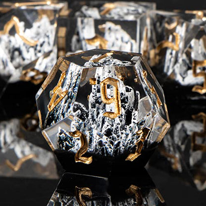 KERWELLSI DND Dice Set D&D, 7pcs Sharp Edge Resin D and D Dice with Gift Box, Nature Snow Mountain Dungeon Dragon Role Playing Dice D20 D12 D10 D8 D6 D4 - color: White