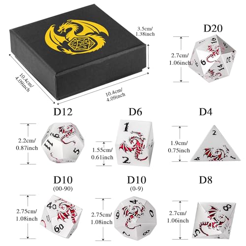 Metal Dice Set, Flat Face White Red Dragon Pattern, 7pcs Polyhedral Metal DND Dice Set, DND Starter Set, D&D Gifts with Gift Box, Role Playing Board Games Accessories, White - color: White+ Red