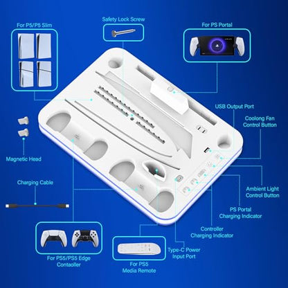 Sehawei PS5/PS5 Slim Stand and Cooling Station with RGB Lighting and 3 Level Cooling Fan,Charging Dock for PS5 Edge Controller and PS Portal,Remote Control and Headset holders,PS5/PS5 Slim Accessories