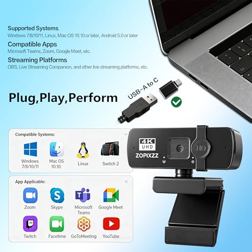 4K Webcam with Tripod, PC Ultra HD Web Camera with Microphone, PDAF Autofocus,Privacy Cover,USB A & USB C Adapter, Plug & Play,Ideal for Business Meetings&Live Streaming - size: Webcam X60 4K Kit