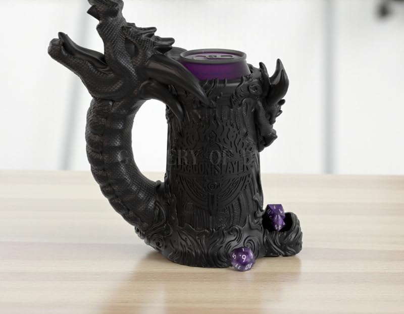 Dragon Slayer Dice Tower & Drink Holder – DND Accessory, Dice Roller Mug, Fantasy Decor for Dungeons and Dragons, Pathfinder, Warhammer, TTRPG Gift for RPG Gamers (Obsidian Black, Standard 12oz Cans)