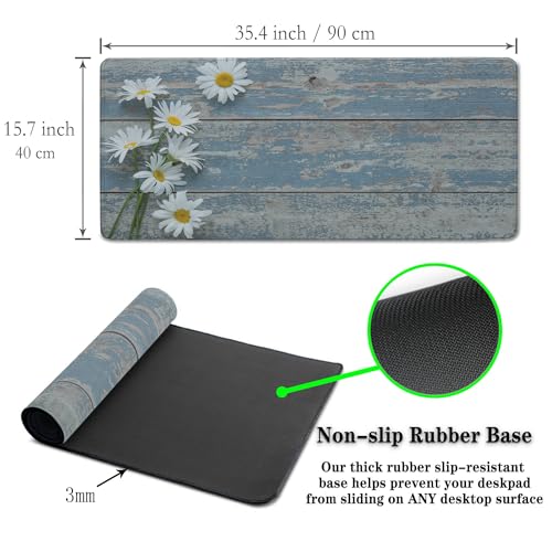 Computer Desk Mat Mouse Pad, Big Non-Slip Rubber Base Mousepad for PC, Work, Game, Office, Home - 35.4 X 15.7 Inch - Daisy Flowers on Old Wooden - color: Old Wooden