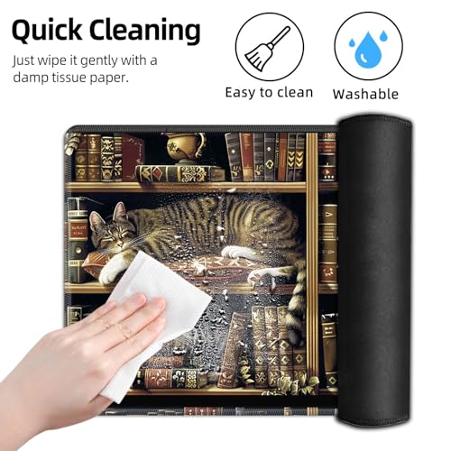 for MTG Playmat TCG Card Game Mat with Stitched Edges,Board Game Mats Non-Slip Waterproof Rubber Base 24 x 14 inch for CCG RPG DTCG Trading Card,Cats Books Shelves - color: Cats Books Shelves