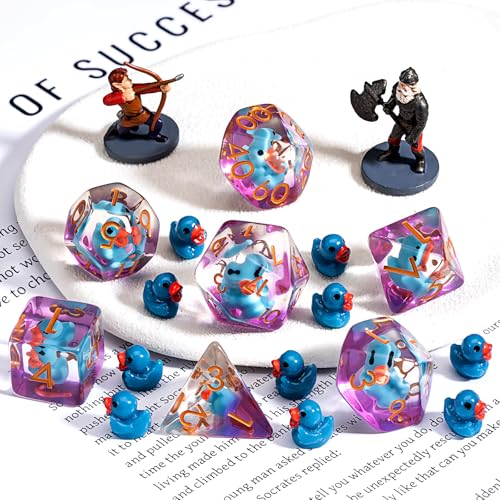 Resin DND Duck Dice Set, D&D Polyhedral Dice for Dungeons and Dragons RPG, MTG Role Playing Games D and D Dice 7pc D20 D12 D10 D8 D6 D4 - color: Blue Duck