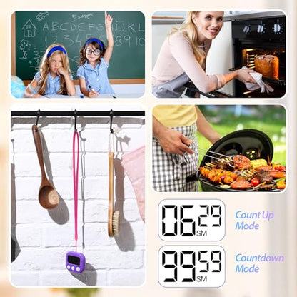 Leumoi 24 Packs Small Digital Kitchen Timer for Classroom with Lanyards Magnetic Back and Switch Minute Second Count up Countdown Big LCD Display Loud Alarm for Teacher Cooking Baking, Colorful