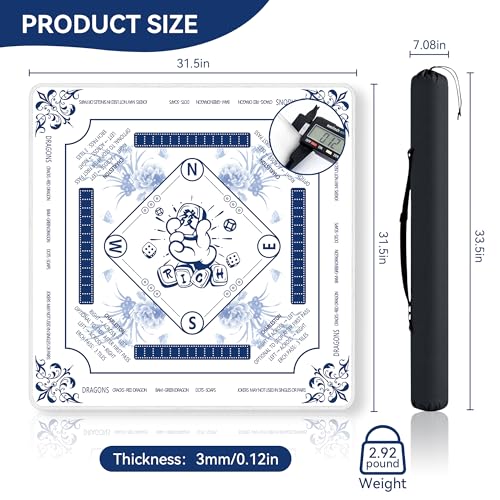 Mahjong Table Mat with Rules 31.5" x 31.5" Neoprene Rubber Square White Gaming Mat - Anti-Slip, Noise Reduction Durable & Easy to Clean for Mahjong Tiles, Poker, Dominoes & Board/Tile Games (White) - color: White