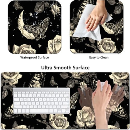Large Gaming Mouse Pad+ Keyboard Wrist Rest Set, Ergonomics Memory Foam Mouse Mat Wrist Rest Support for Home Office, Waterproof Extended Mousepad 31.5x11.8in, Rose and Butterfly Black Desk Pad - color: Yvb-mousepad-9-f-153