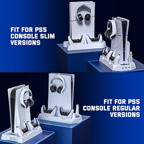 PS5 Slim Cooling Station with Controller Charging Station for PlayStation 5 Console Slim&Standard Disc/Digital, PS5 Cooling Stand Accessories with Cooler Fan/3 USB Hubs/Media&Headset Holder/Screw - color: Fit 2023 PS5 Slim+2020 PS5