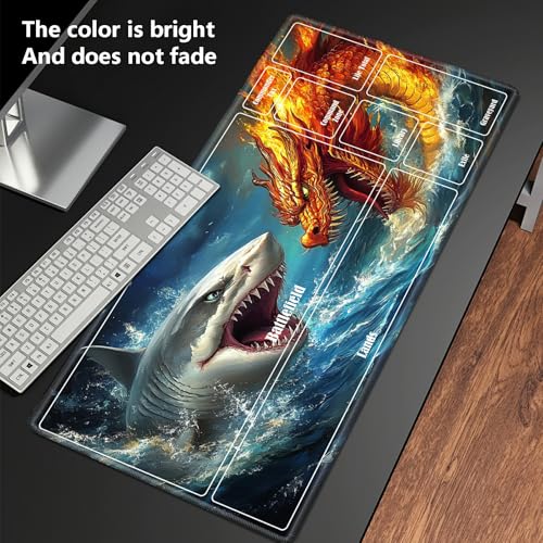 MTG Playmat with Zones, TCG Card Game Play Mat with Stitched Edges, Non-Slip Rubber Base Gaming Desk Mat, Smooth Surface 24 x 14 Inch, Dragon and White Shark - color: Dragon and White Shark, size: Zone 1